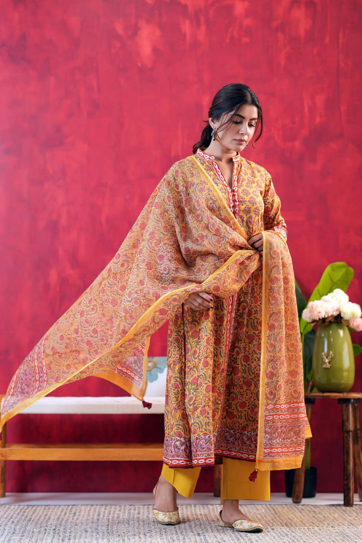 A-Line Kalidaar Kurta/Dupatta Set In Mustard Yellow Hand Block Cotton