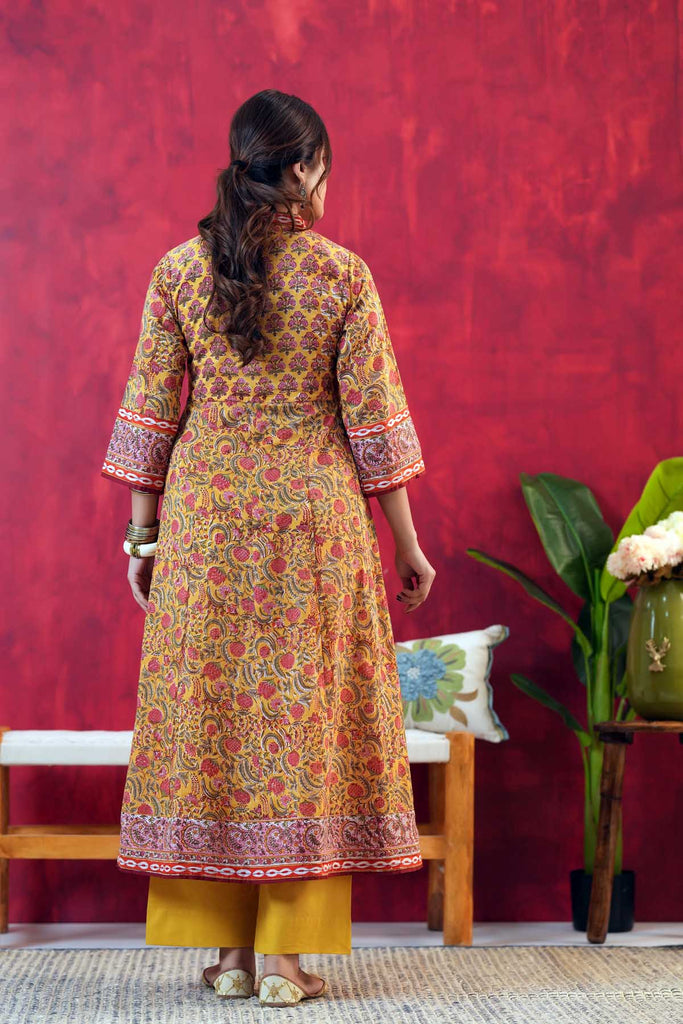 Mustard Yellow A-Line Fit Kalidaar Kurta In Handblock Cotton