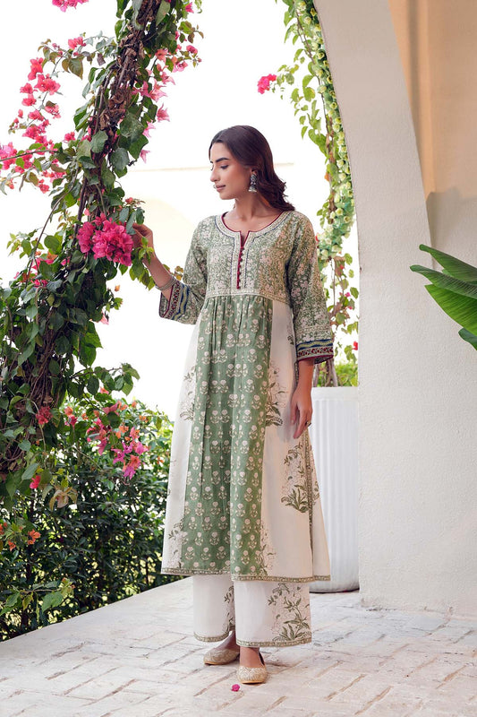Mehndi Green Kurta/Pant In Hand Block Cotton