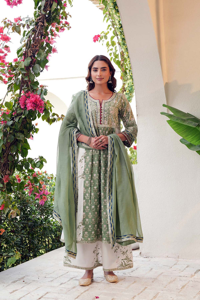 Mehndi Green Kurta/Pant In Hand Block Cotton