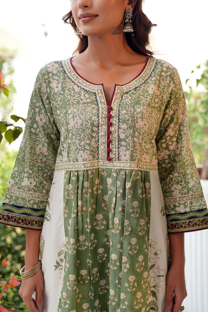 Mehndi Green Kurta/Pant In Hand Block Cotton