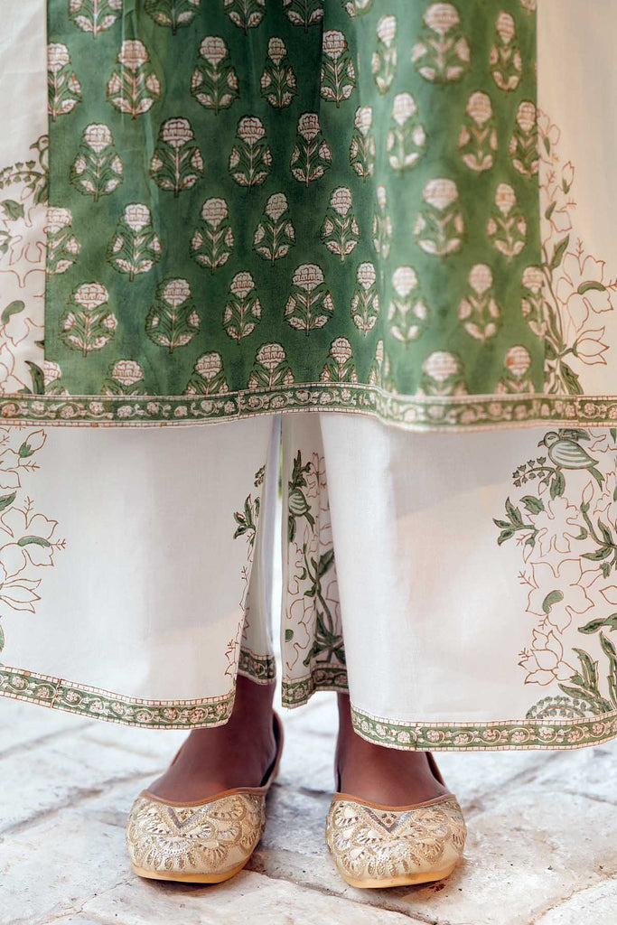 Mehndi Green Kurta/Pant In Hand Block Cotton