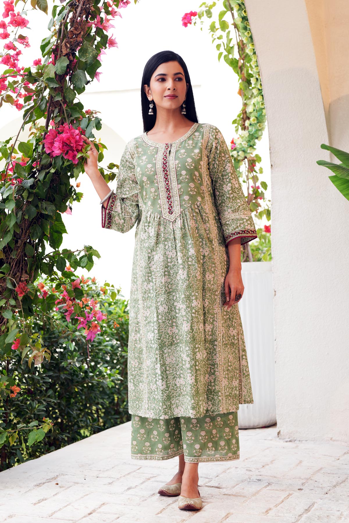 Asparagus Green Kurta/Pant Set In Hand Block Cotton