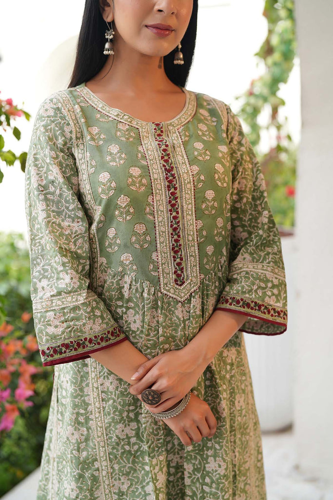 Asparagus Green Kurta/Pant Set In Hand Block Cotton