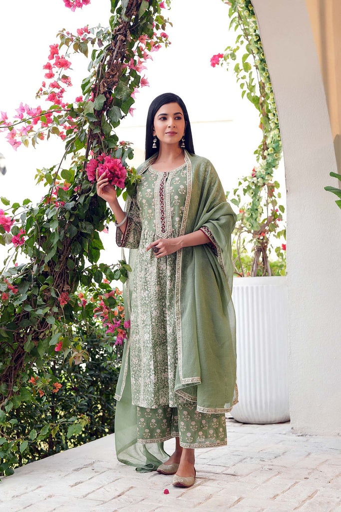 Asparagus Green Kurta/Pant Set In Hand Block Cotton