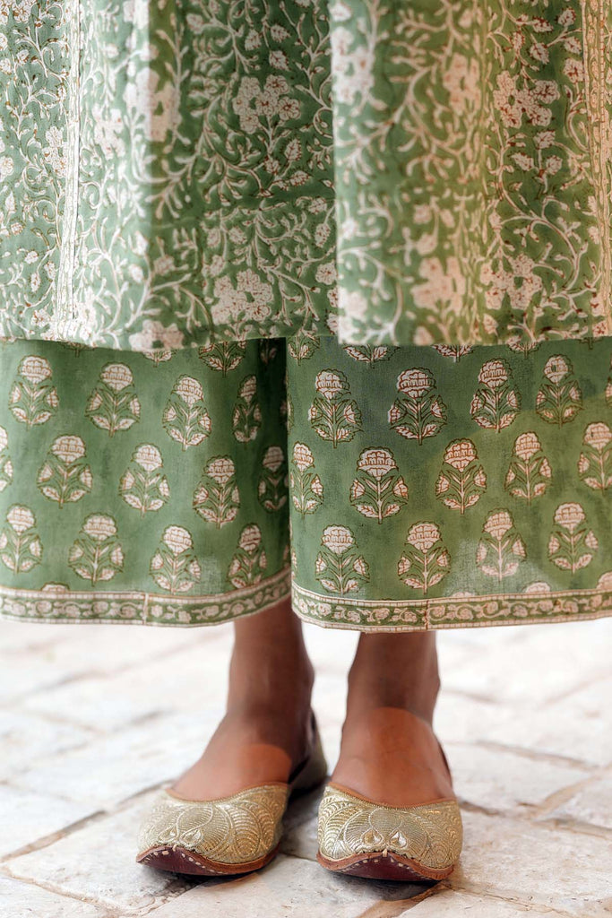 Asparagus Green Kurta/Pant Set In Hand Block Cotton