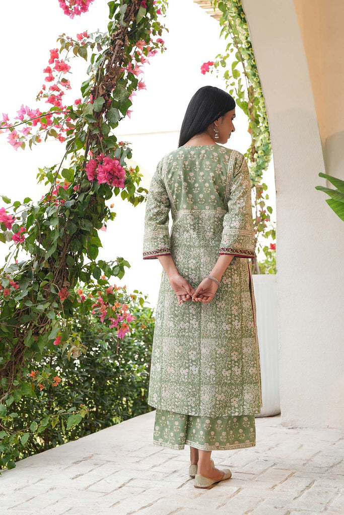 Asparagus Green Kurta/Pant Set In Hand Block Cotton