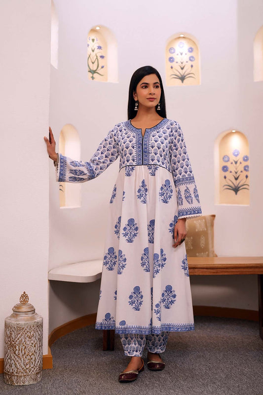 White Kalidaar Kurta/Pant Set In Hand Block Cotton