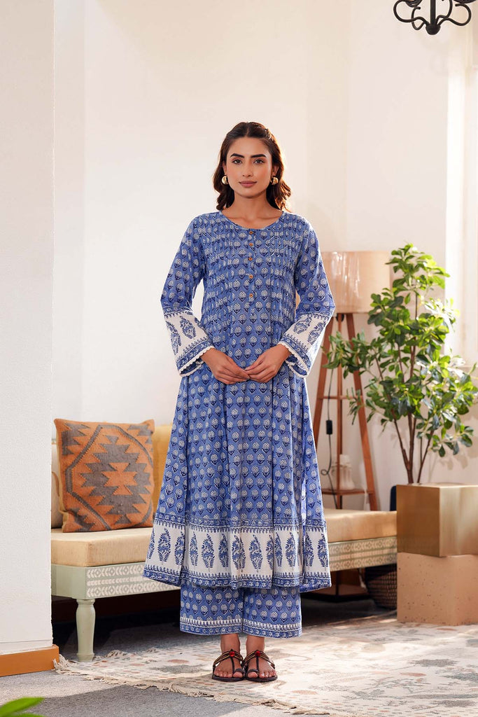 Blue A-Line Kurta/Pant Set In hand Block Cotton
