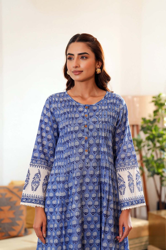 Blue A-Line Kurta/Pant Set In hand Block Cotton