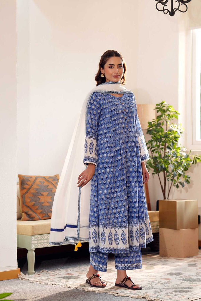 Blue A-Line Kurta/Pant Set In hand Block Cotton