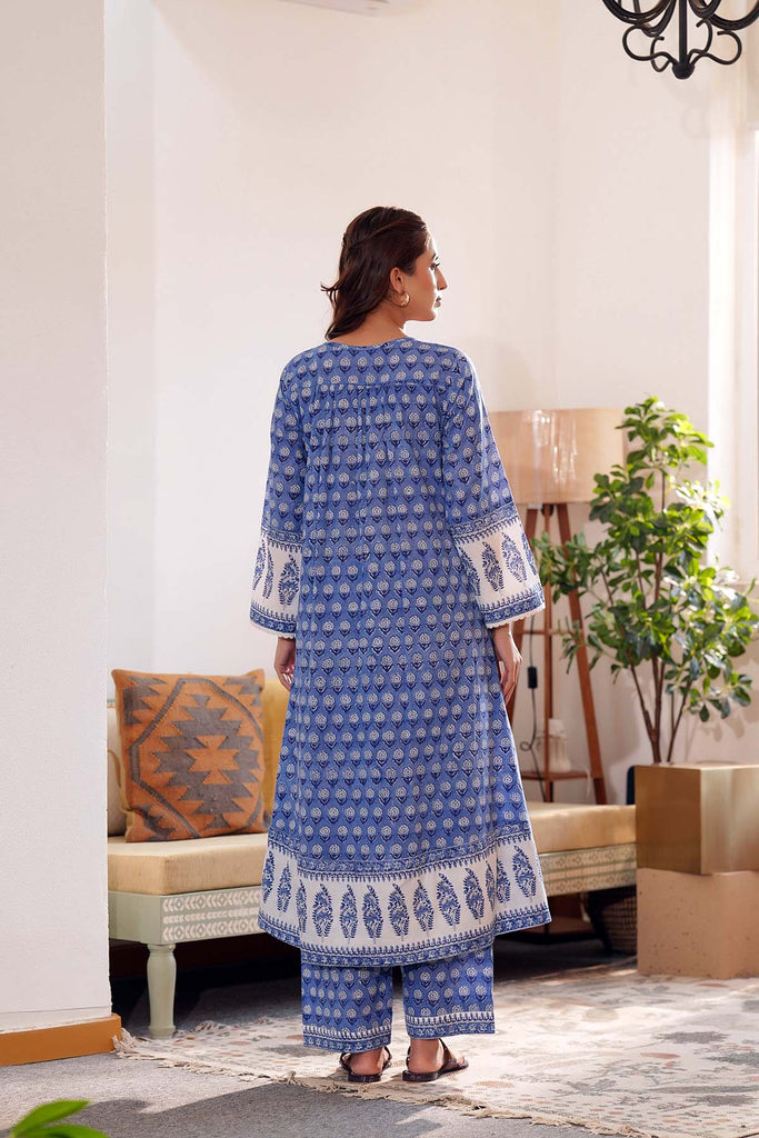Blue A-Line Kurta/Pant Set In hand Block Cotton