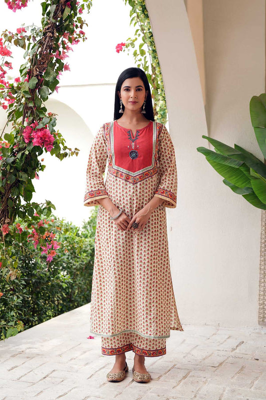 Cream Base Straight Fit Kurta/Pant Set In Cotton