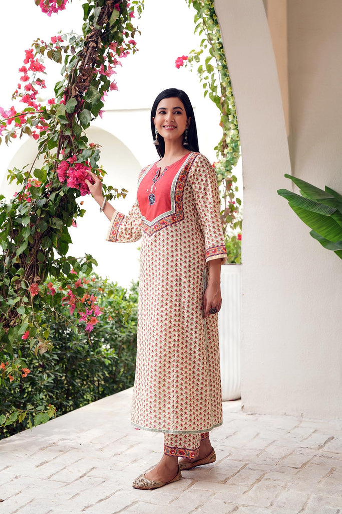 Cream Base Straight Fit Kurta/Pant Set In Cotton