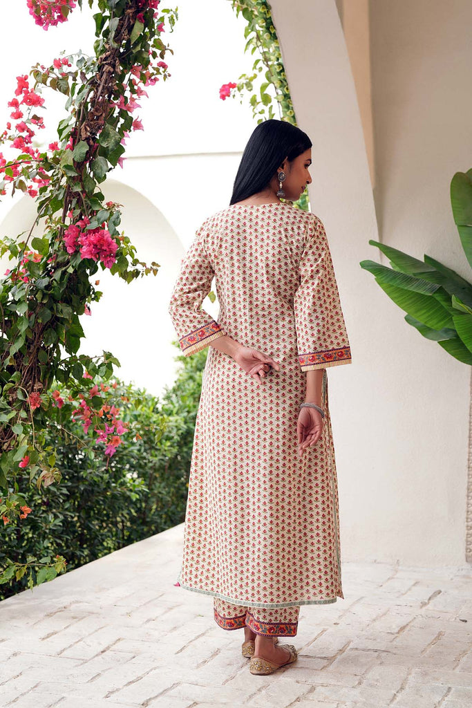 Cream Base Straight Fit Kurta/Pant Set In Cotton