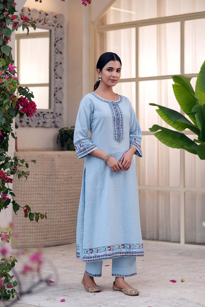 Light Blue Straight Fit Kurta/Pant Set In Kantha Cotton
