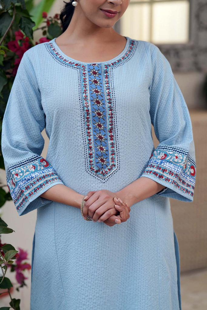 Light Blue Straight Fit Kurta/Pant Set In Kantha Cotton