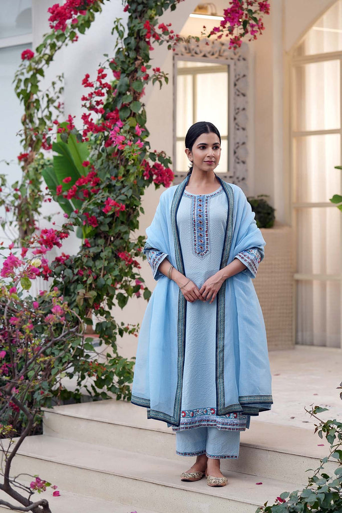 Light Blue Straight Fit Kurta/Pant Set In Kantha Cotton