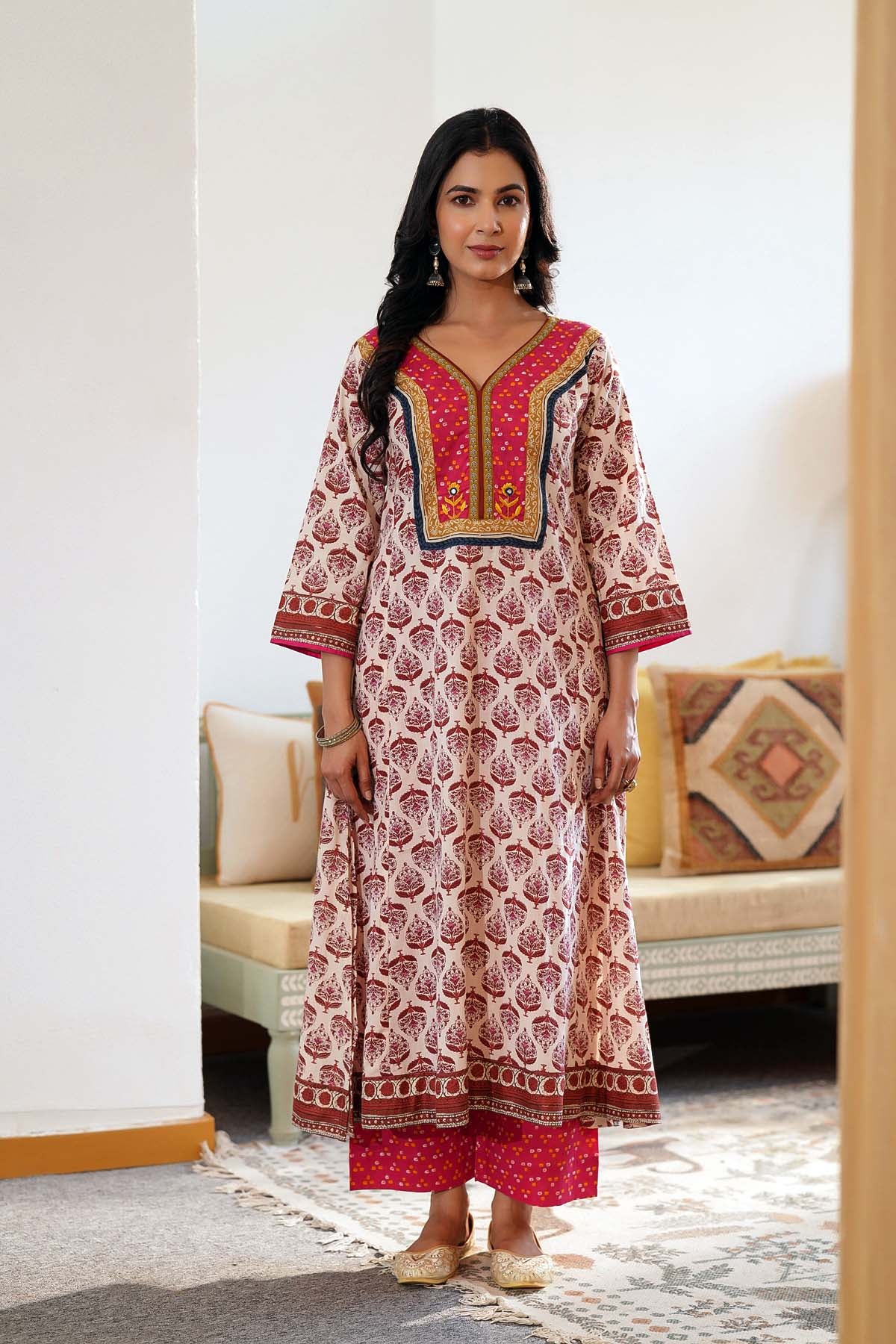 Light Beige A-Line Kurta/Pant Set In Cotton