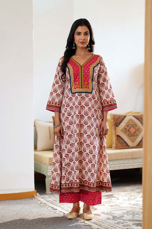 Light Beige A-Line Kurta/Pant Set In Cotton