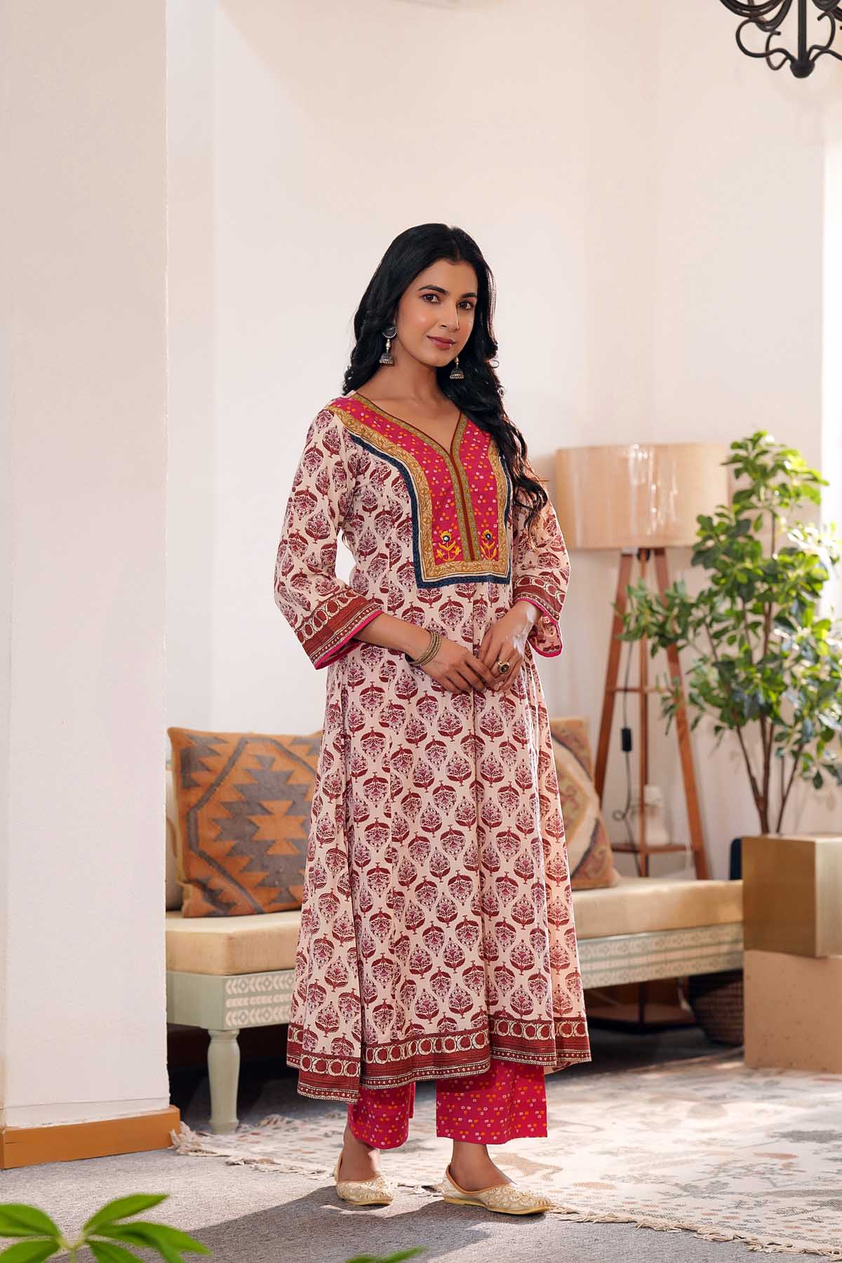 Light Beige A-Line Kurta/Pant Set In Cotton