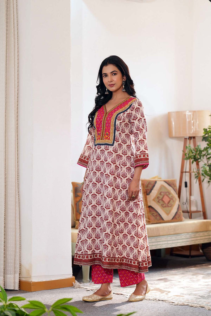 Light Beige A-Line Kurta/Pant Set In Cotton