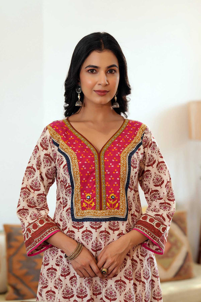 Light Beige A-Line Kurta/Pant Set In Cotton