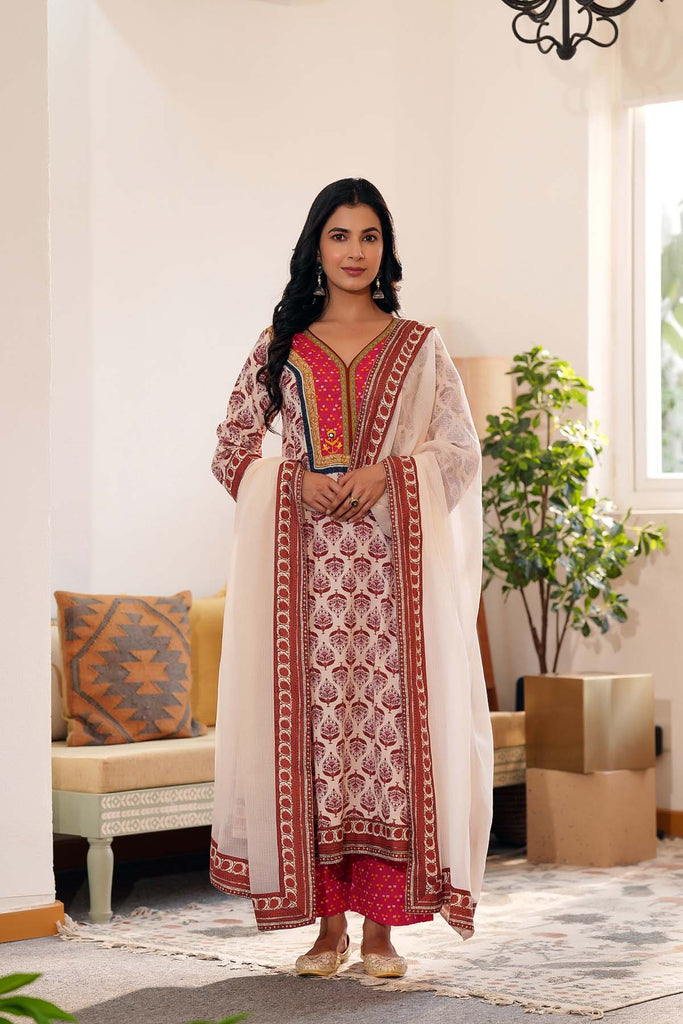 Light Beige A-Line Kurta/Pant Set In Cotton