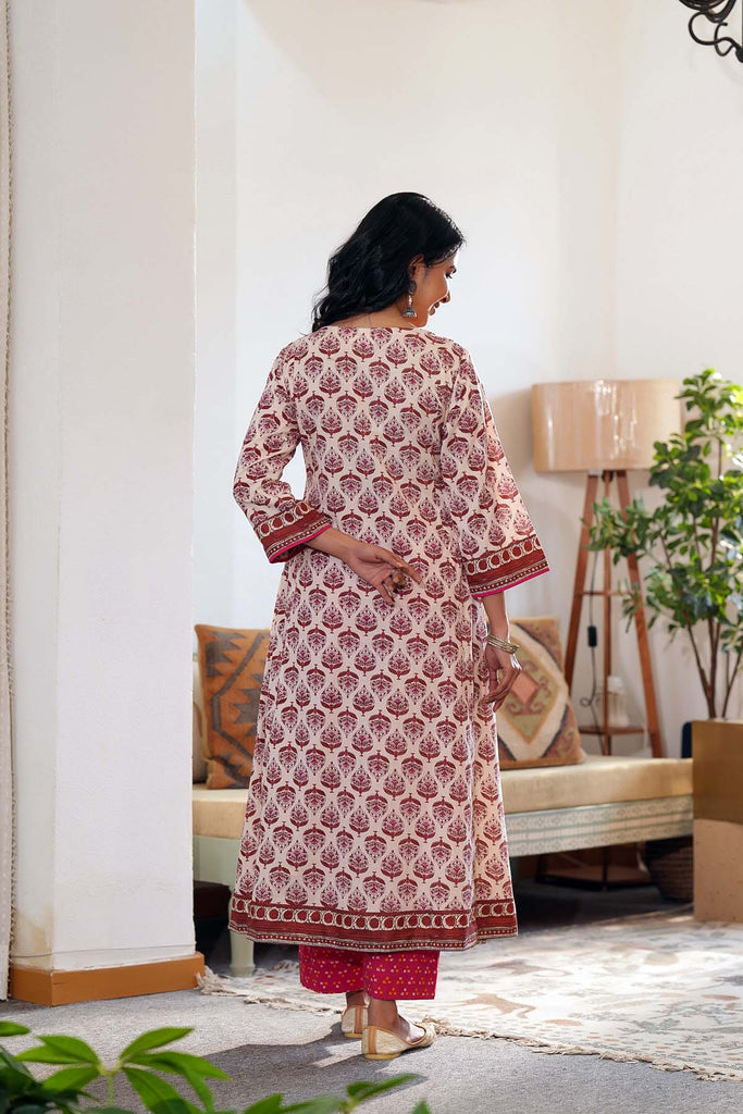 Light Beige A-Line Kurta/Pant Set In Cotton