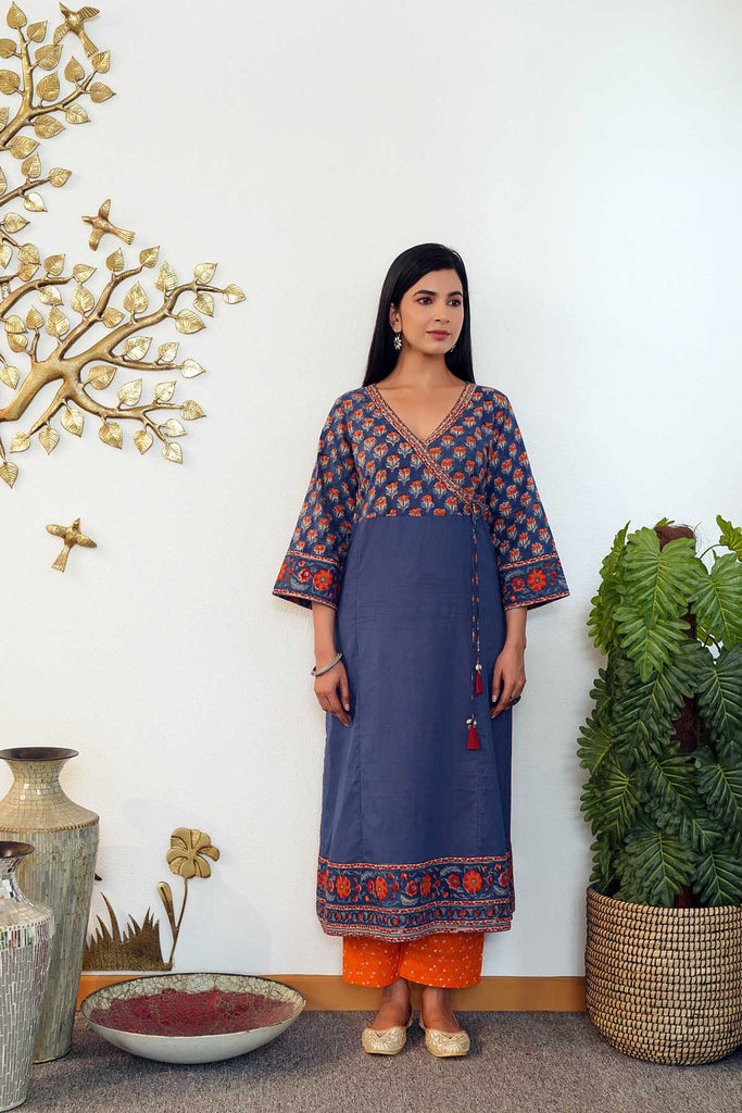 Nave Blue Angrakha Style Kurta/Pant Set In Handblock Cotton