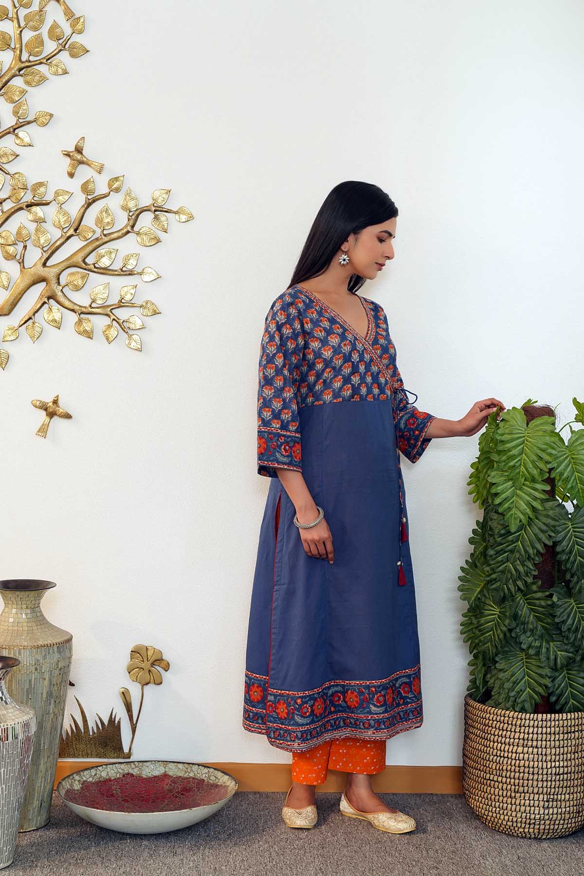 Navy Blue Angrakha Style Handblock Kurta