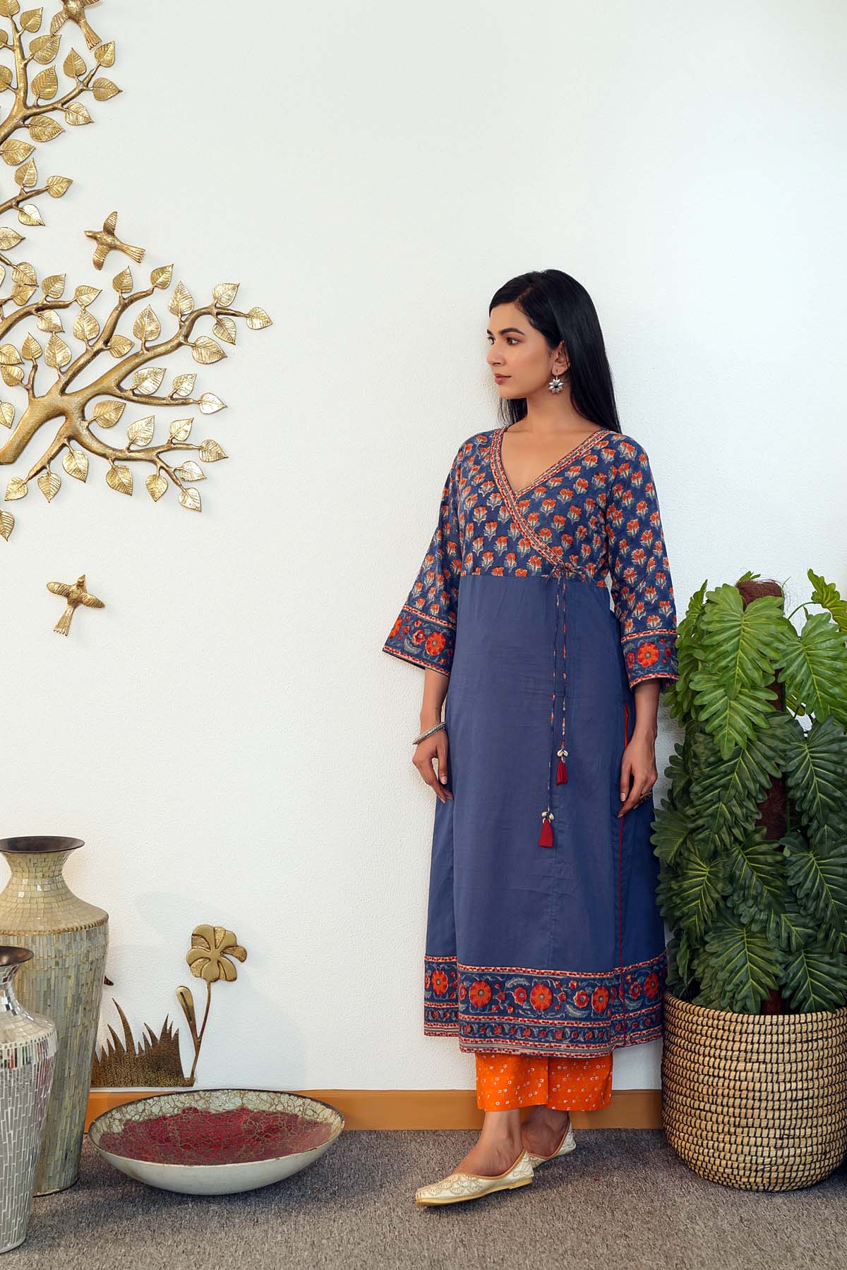 Navy Blue Angrakha Style Handblock Kurta