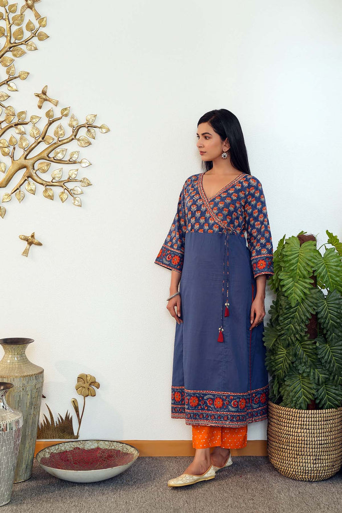 Nave Blue Angrakha Style Kurta/Pant Set In Handblock Cotton