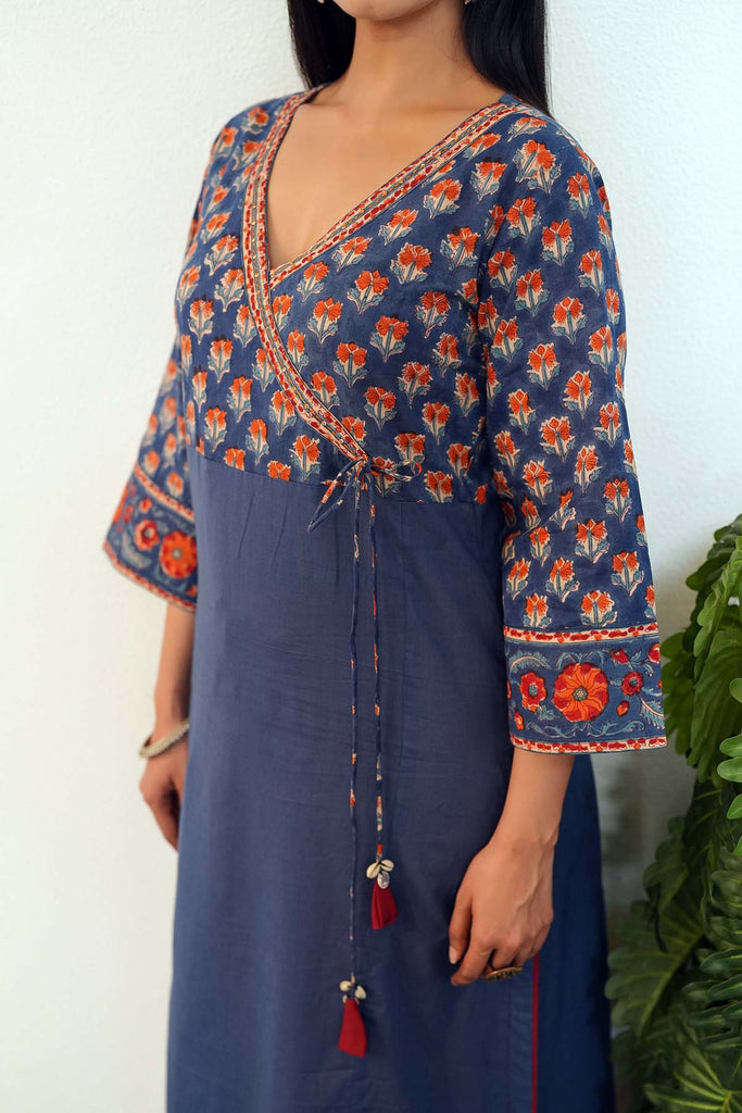 Nave Blue Angrakha Style Kurta/Pant Set In Handblock Cotton