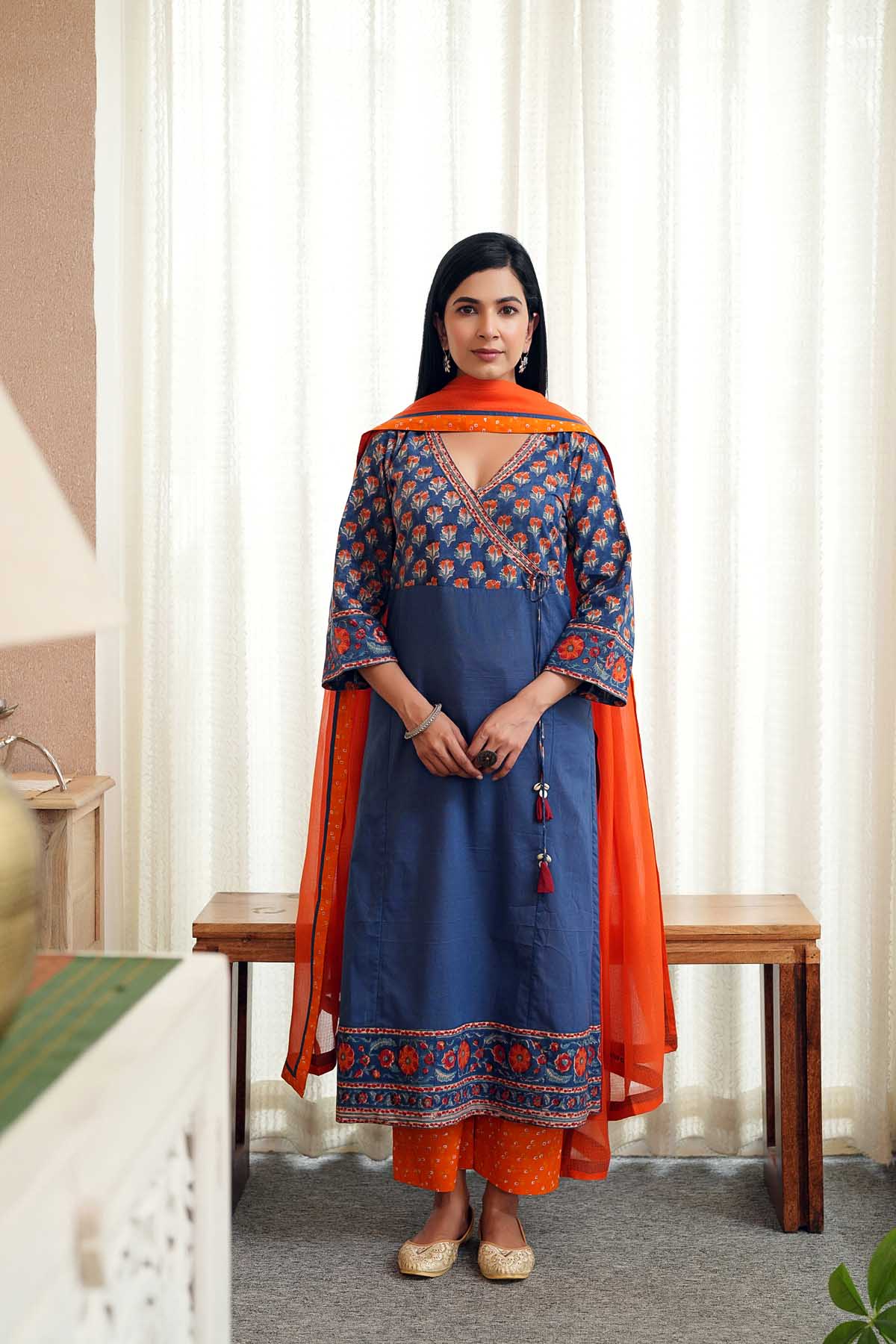 Navy Blue Angrakha Style Handblock Kurta