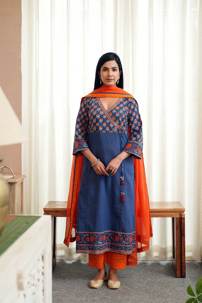 Nave Blue Angrakha Style Kurta/Pant Set In Handblock Cotton
