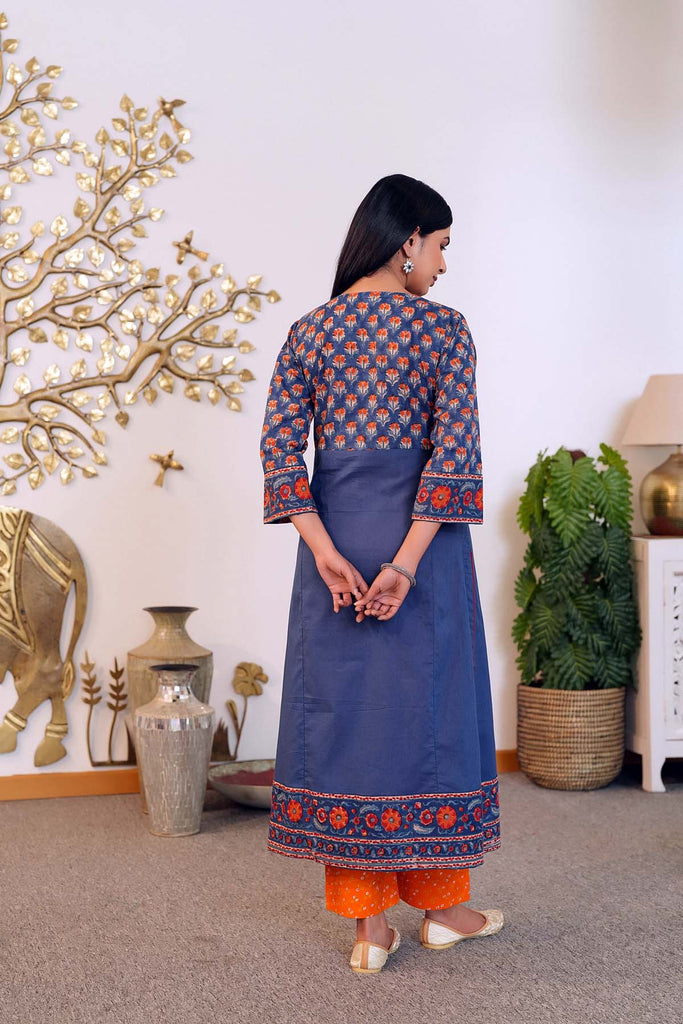 Nave Blue Angrakha Style Kurta/Pant Set In Handblock Cotton