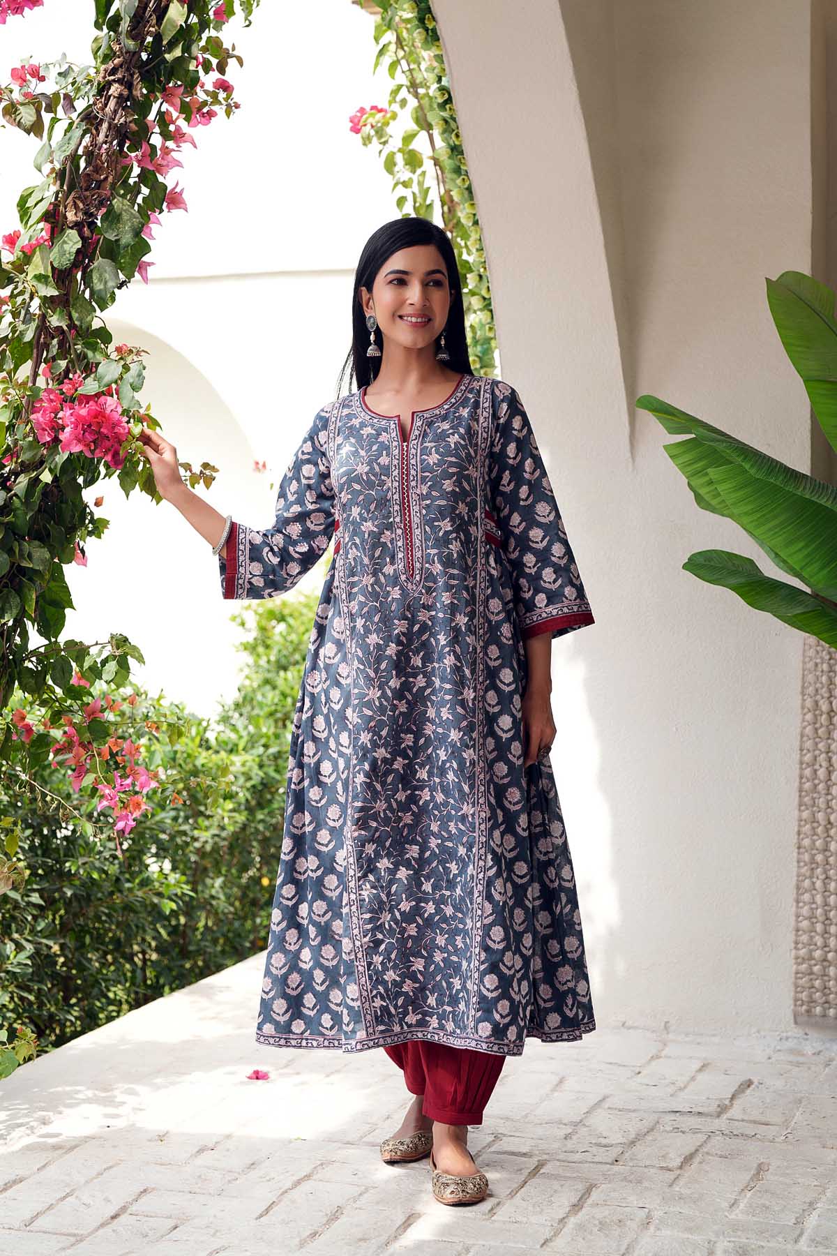 A-Line Kurta In Grey Hand Block Cotton