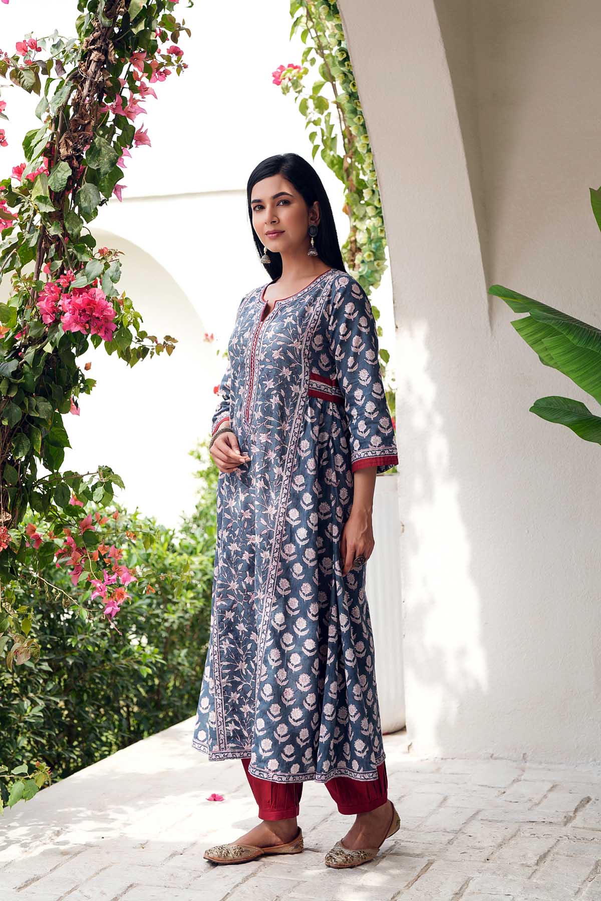 A-Line Kurta In Grey Hand Block Cotton
