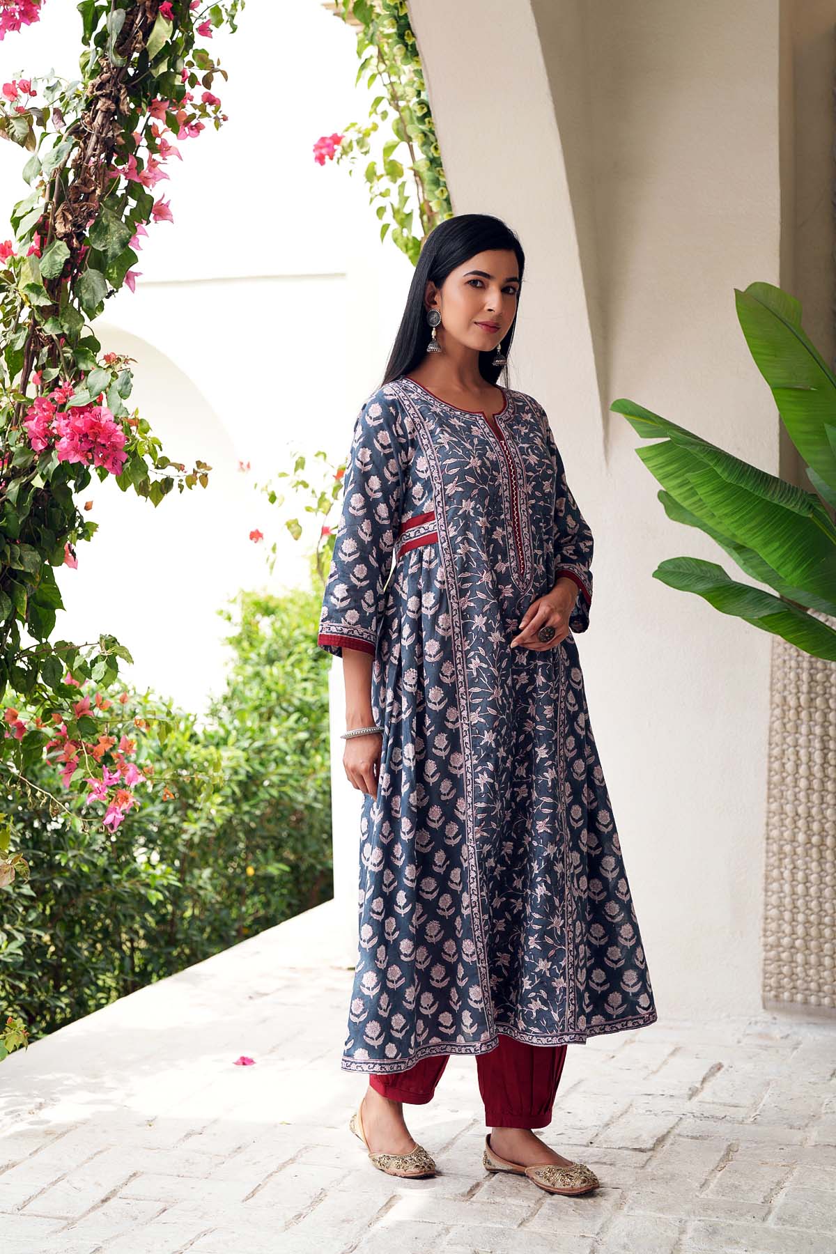 A-Line Kurta In Grey Hand Block Cotton