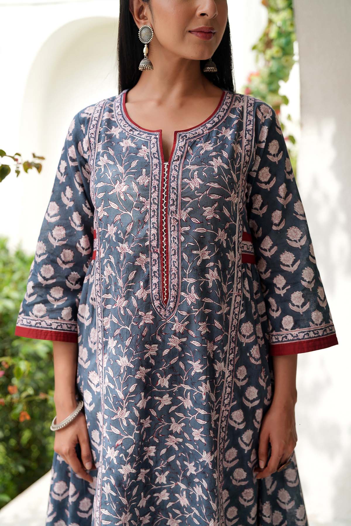 A-Line Kurta In Grey Hand Block Cotton