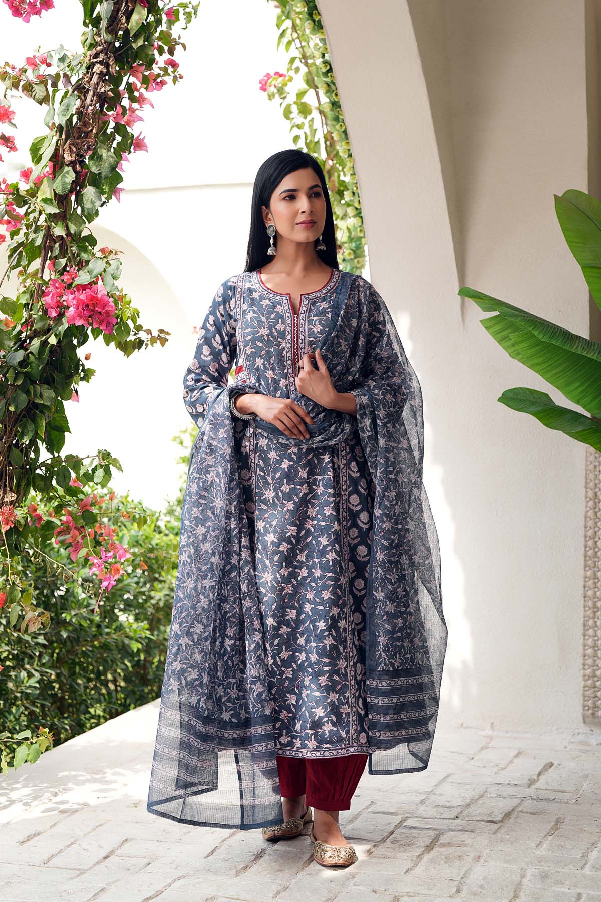 A-Line Kurta In Grey Hand Block Cotton