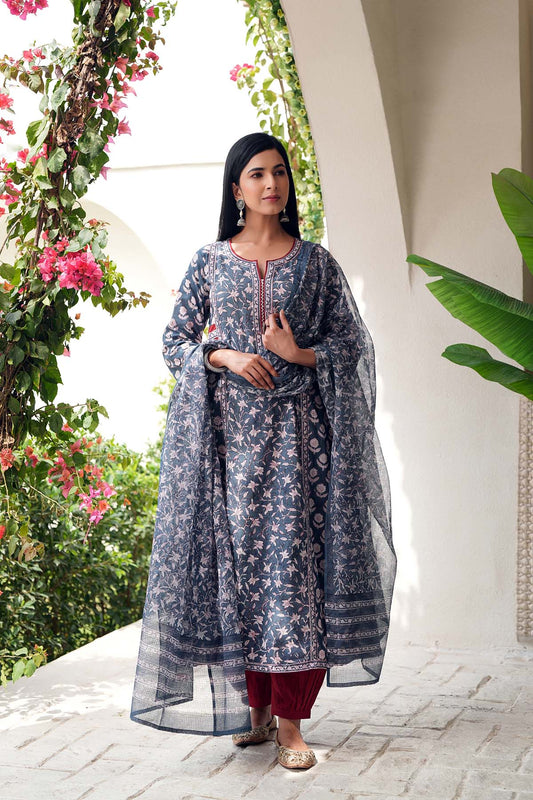 Handblock Printed Grey Dupatta