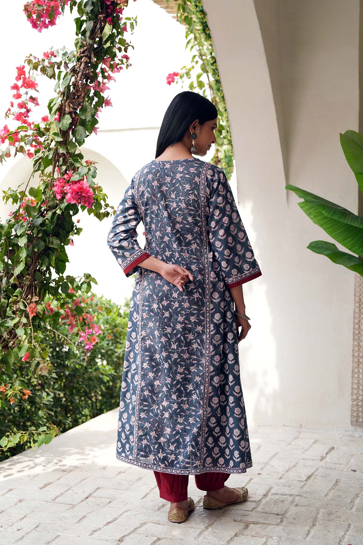 A-Line Kurta In Grey Hand Block Cotton