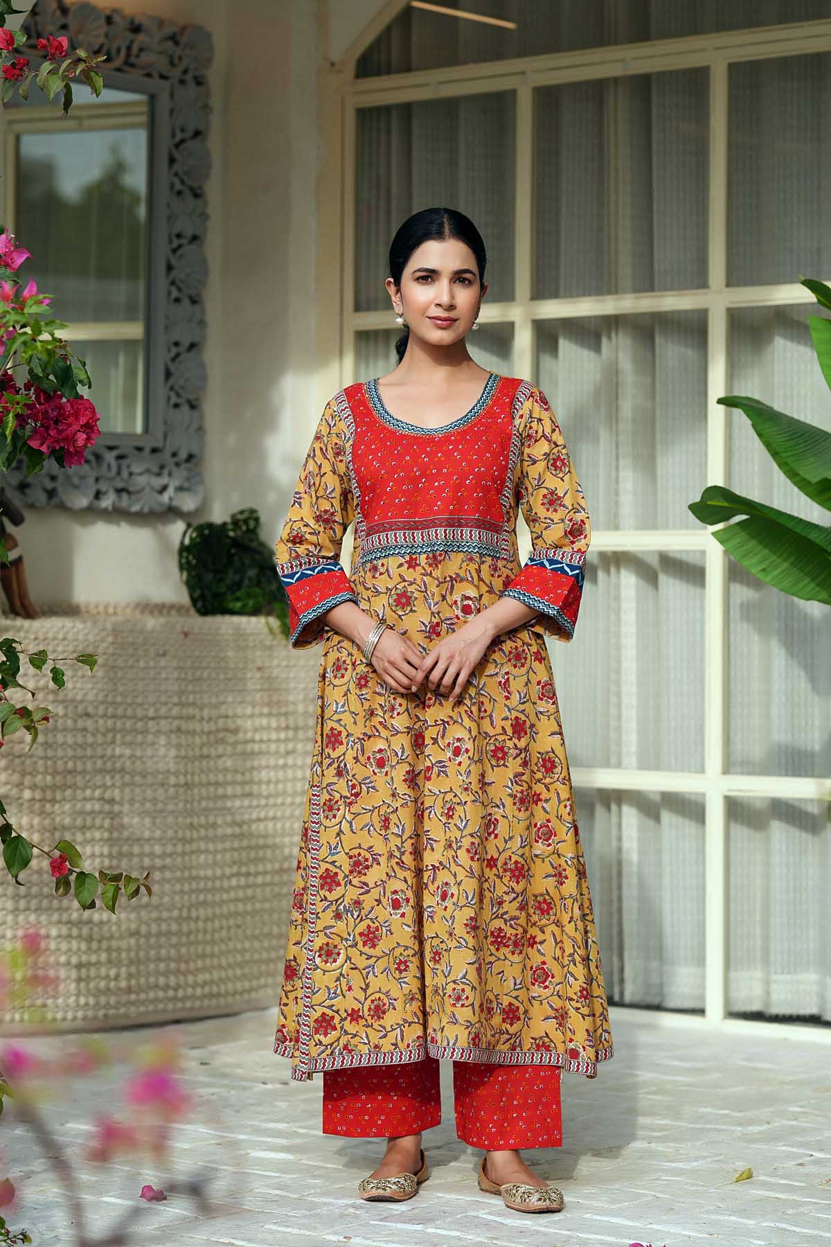 Mustard Yellow A-Line Kurta/Pant Set In Handblock Cotton