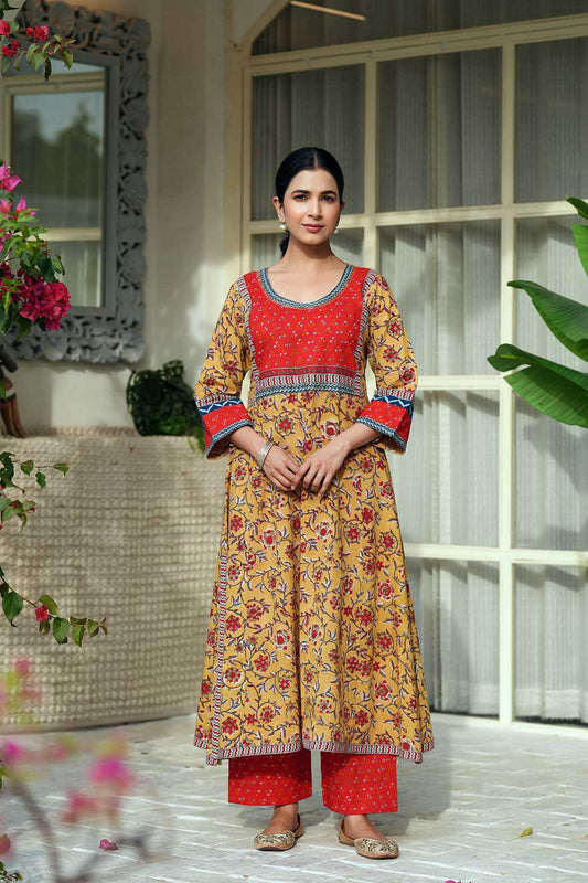 Mustard Yellow A-Line Kurta/Pant Set In Handblock Cotton