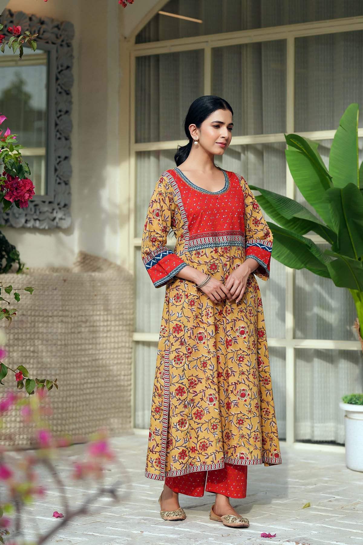 Mustard Yellow A-Line Kurta/Pant Set In Handblock Cotton
