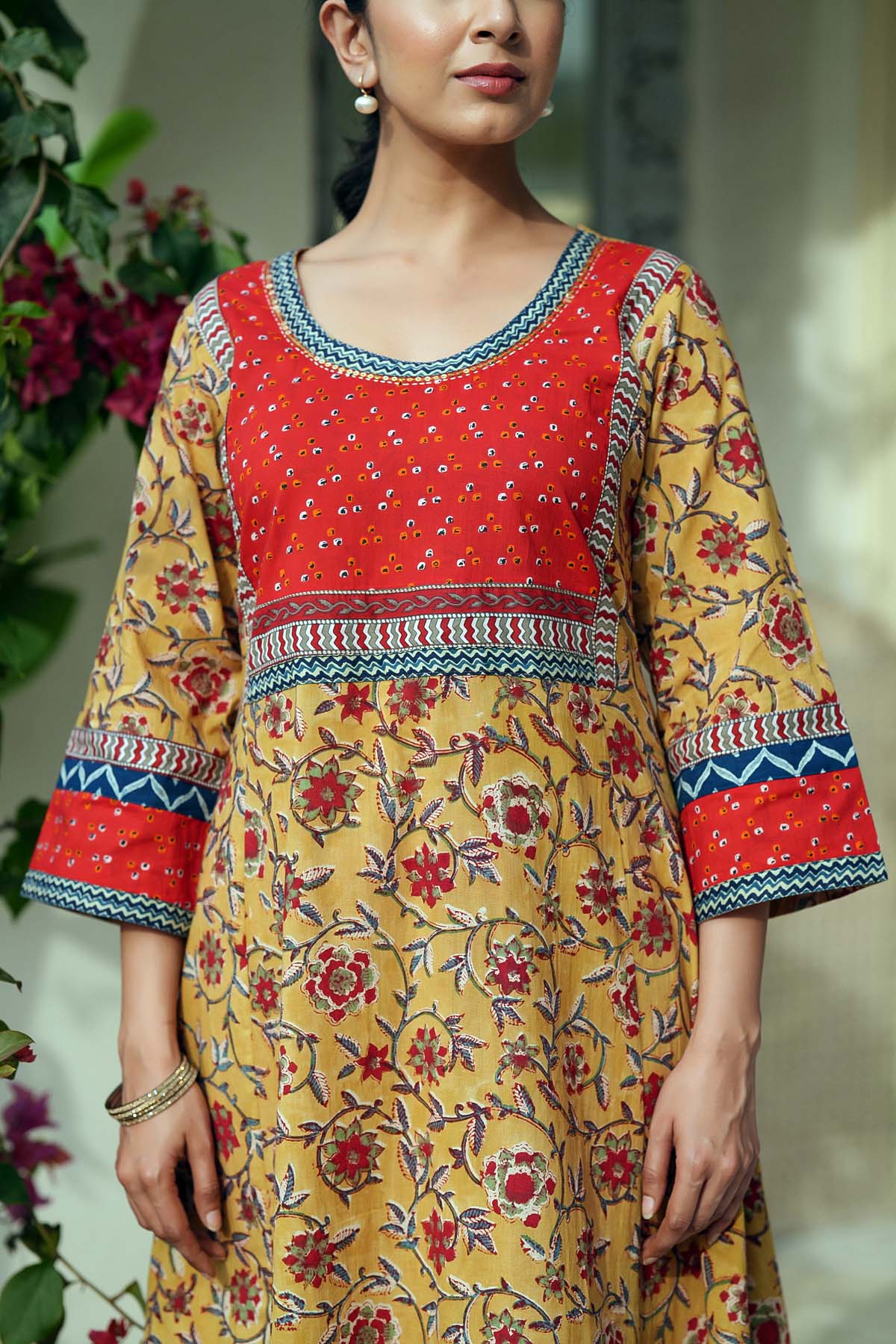 Mustard Yellow A-Line Kurta/Pant Set In Handblock Cotton