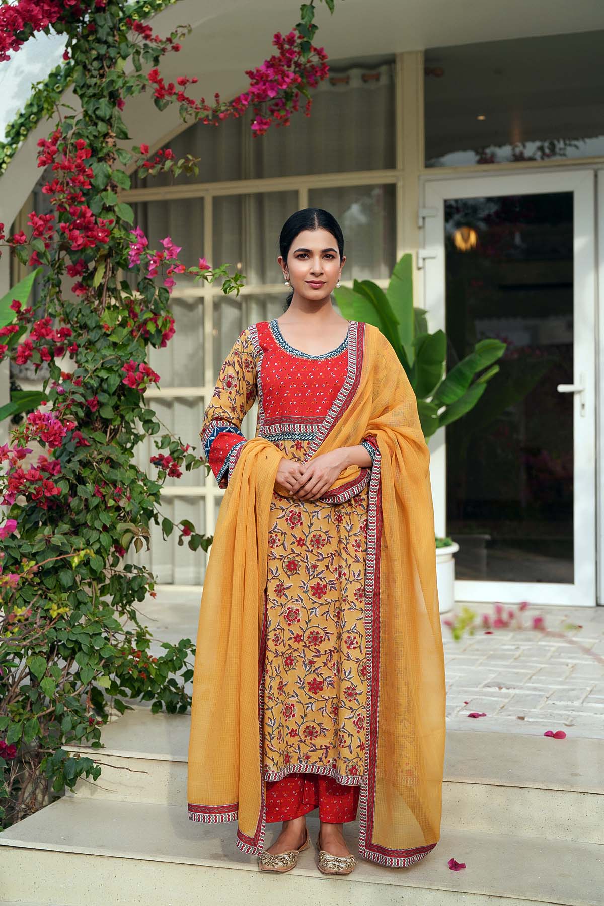 Mustard Yellow A-Line Kurta/Pant Set In Handblock Cotton