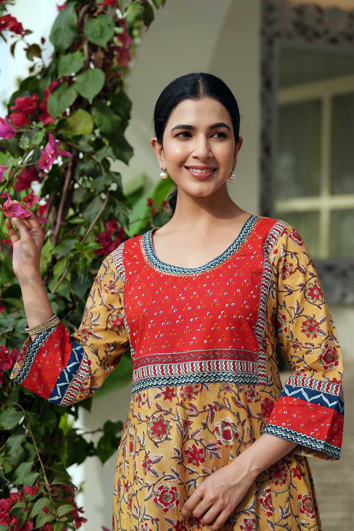 Mustard Yellow A-Line Kurta/Pant Set In Handblock Cotton
